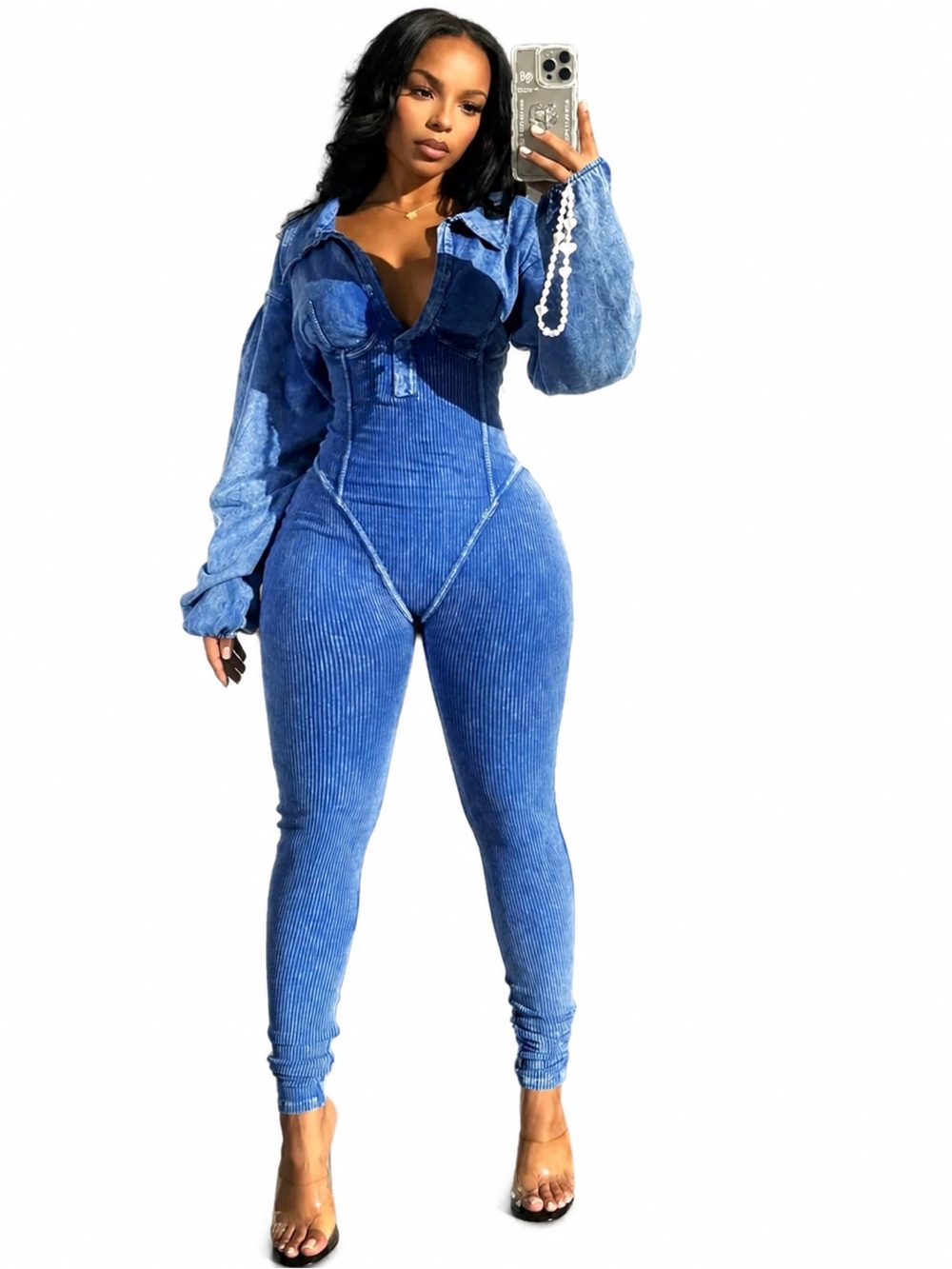 Blue Acid Wash Ribbed Corset Jumpsuit Moto Jumper